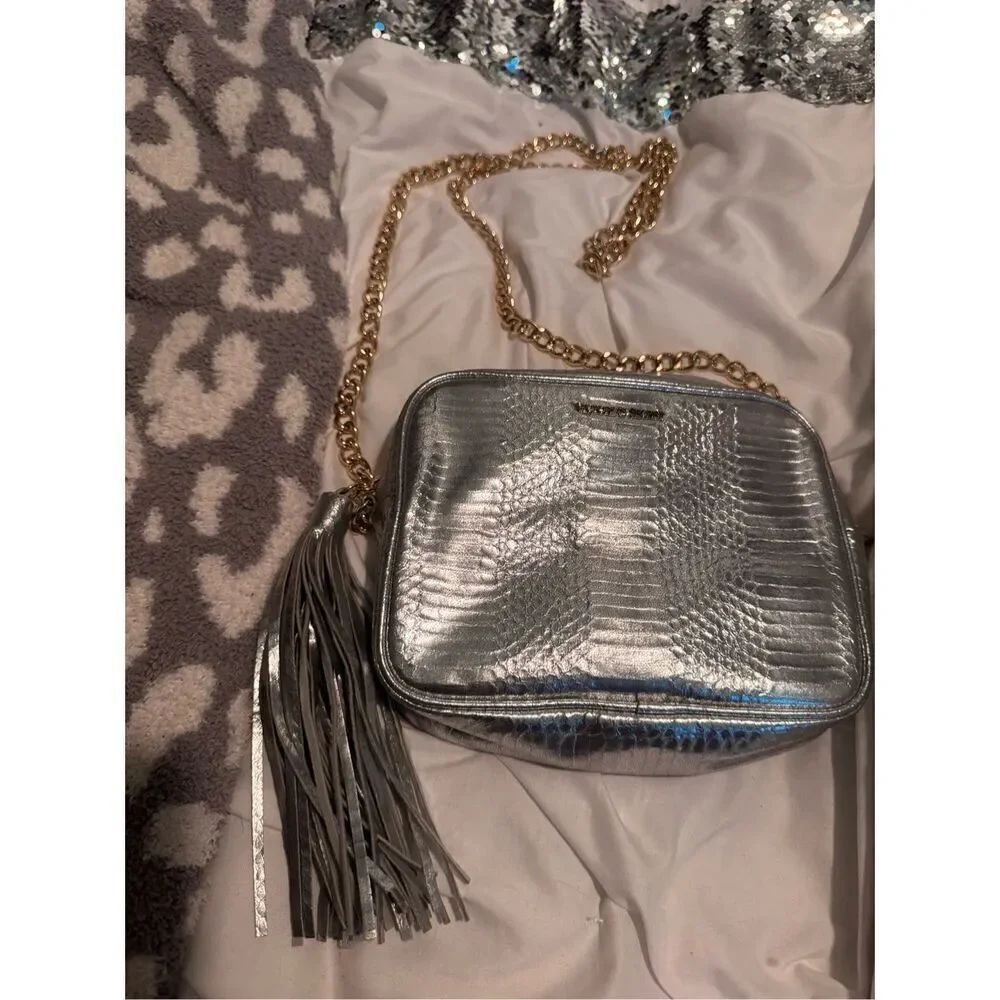 VS Victoria’s Secret zip top silver snakeskin metallic crossbody w tassel bag ch